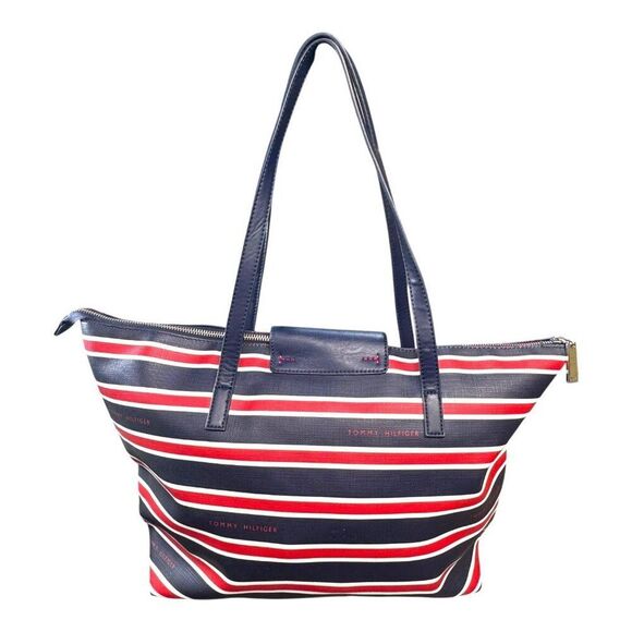 Tommy Hilfiger Patriotic Red White Blue Striped Tote Bag Zipper Top Handle READ - Picture 16 of 16